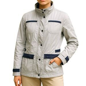 Jones New York Signature Jacket Women's L Full Zip Snaps Striped Navy White